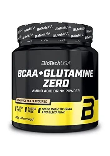 Produktbild: BioTechUSA BCAA + Glutamine Zero | 40 Portionen | Vegan | Zuckerfrei | Glutenfrei | Verhältnis 2:1:1 BCAAs | 480 g | Pfirsich-Eistee