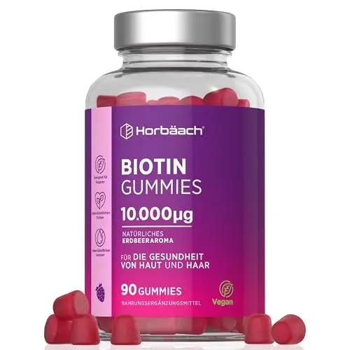 Produktbild: Biotin Gummibärchen 10.000μg | mit Reines Botin für Haut Haare Nägel | Haarvitamine mit 5000μg Biotin Vitamine pro Gummi | 90 Vegane Gummies | Erdbeergeschmack | by Horbaach