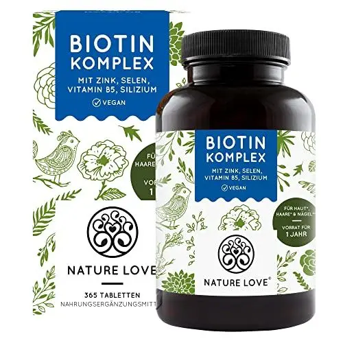 Produktbild: Biotin Komplex - mit Zink, Selen, Silizium & Vitamin B5 - hochdosiert mit 10.000µg Biotin - 365 Tabletten für Haare, Haut und Nägel - Haar Vitamine im Jahresvorrat - vegan & laborgeprüft