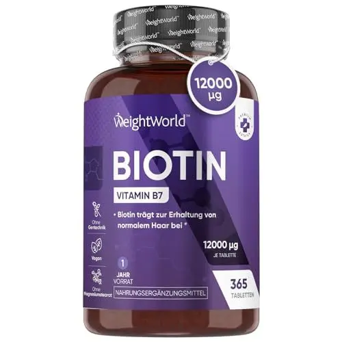 Produktbild: Biotin Tabletten - 12.000mcg reines Biotin für Haarwuchs, Haut & Bartwuchs - 365 vegane Tablets für 1 Jahr Vorrat - Vitamin B7 - D-Biotin (Vitamin H) für Frauen und Männer - Von WeightWorld
