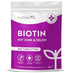 Produktbild: Biotin + Selen + Zink Tabletten für Haut, Haare & Nägel - 365 vegane Tabletten für 1 Jahr - Haar Vitamine für Haarwachstum - Biotin Zink Selen Hochdosiert - Laborgeprüft - Nutravita