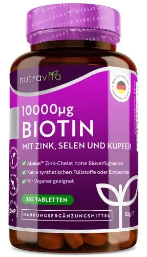 Produktbild: Biotin mit Zink, Selen und Kupfer Hochdosiert – 10000mcg Biotin pro Tablette – 365 Tabletten – Premium Zink von Albion® – Ohne Magnesiumstearate - Vegan - Hergestellt von Nutravita