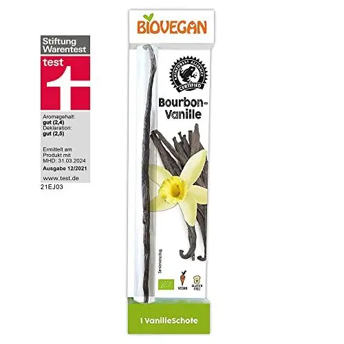 Produktbild: Biovegan Bourbon-Vanille-Schote, hochwertige Bio Bourbon Vanilleschoten aus Madagaskar, einzigartiges Vanille-Aroma, für süße und auch herzhafte Speisen, Bio-Qualität, glutenfrei und vegan, 1 Stk.
