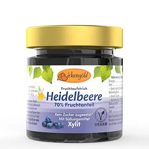 Produktbild: Birkengold Heidelbeere Marmelade | ohne Zuckerzusatz | mit europäischem Xylit gesüßt | 70 % Fruchtanteil | mit Bio Früchten | vegan, 200 g