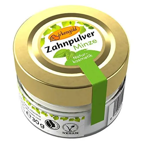 Produktbild: Birkengold Zahnpulver Minze Vegan 30 g, Naturkosmetik Zahnputzpulver mit Xylit, Frei von Fluorid, Mikroplastik & Schaumbildner, Zahnschmelzschutz & Kariesprophylaxe, Veganes Zahnreinigungspulver
