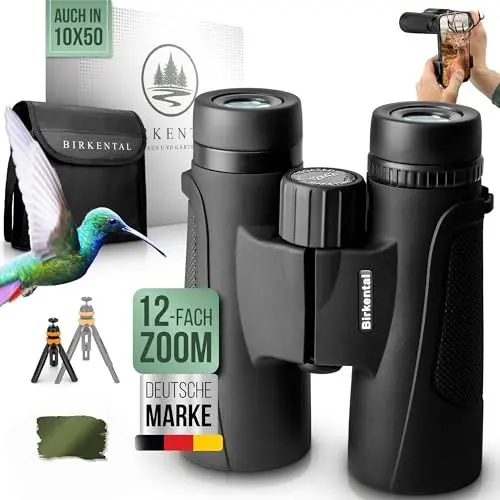 Produktbild: Birkental Fernglas Erwachsene 12x42 inkl. Zubehör-Anfänger und Profis-HD Zoom,wasserdicht,leicht,kompakt-auch für Brillenträger-breites Sichtfeld Feldstecher-Jagd,Vogelbeobachtung,Astronomie,(Schwarz)