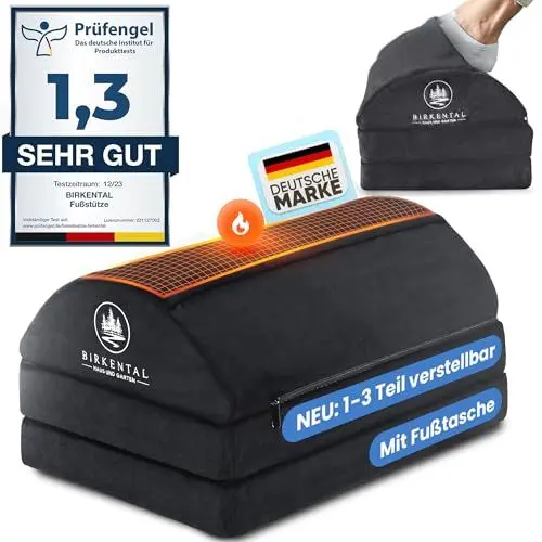 Produktbild: Birkental Fußstütze Schreibtisch – (TESTSIEGER) 3 Fach höhenverstellbar mit flauschiger Fußtasche-Ergonomisch höhenverstellbare, rutschfeste Fußablage–Büro und Schreibtisch Zubehör-Fußbank Fußhocker