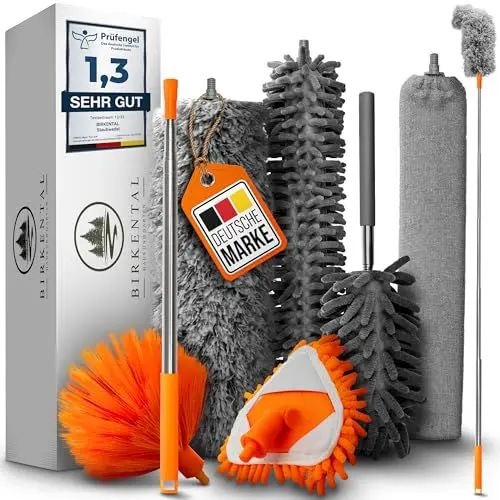 Produktbild: Birkental Staubwedel Teleskop lang (TESTSIEGER) im 7 teiligen Set, bis 2,50m ausziehbar und waschbar, Staubwischer, Mikrofasern Staubmagnet Magic Duster, Staubfänger Haushalt und Gewerbe