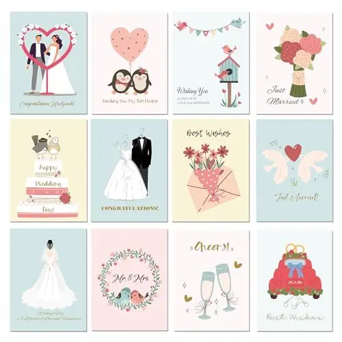 Produktbild: BIROYAL 12 Hochzeitskarte für Brautpaar - Premium Glückwunschkarten zur Hochzeit mit Umschlag aus Kraftpapier - Just Married Hochzeits-Klappkarte - Hochzeits Geschenke, Flitterwochen Geschenk
