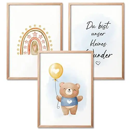Produktbild: BIROYAL Bilder Kinderzimmer | 3er Set DIN A4 Poster Set | Wandbilder mit Spruch | Regenbogen | Deko Kinderzimmer Mädchen und Jungen | Babyzimmer Deko | Wandposter Premium | Regenbogen & Bär (Blau)