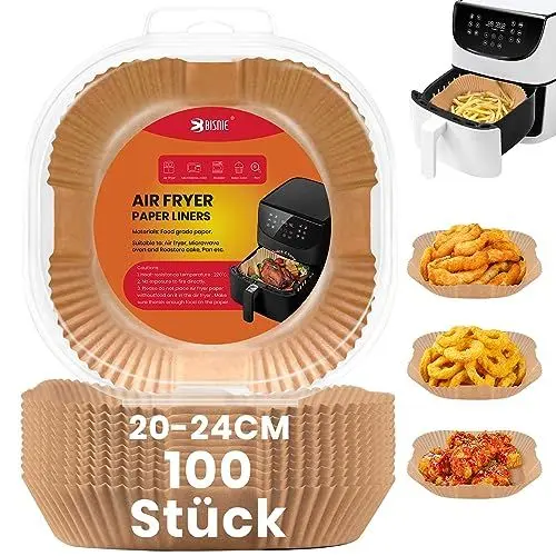 Produktbild: BISNIE Backpapier für Heißluftfritteuse, 100 Stück Airfryer Backpapier Antihaft Wasserdicht Ölfest Einwegschalen Luftfritteuse Pergamentpapier Liner für Heißluftfritteuse Bratpfanne Ofen Mikrowelle