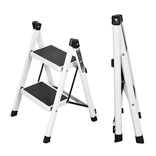 Produktbild: Bison Mehrzweck Klapp-Step-Hocker, Stabile Stahlleiter mit Breitem Anti-Rursch-Pedal, Klappstufen-Leicht Handbar und Vielseitig Anwendbar (Schwarz 2 Stufen)