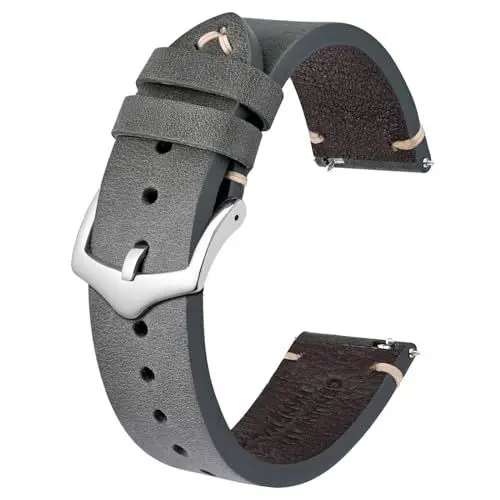 Produktbild: BISONSTRAP Uhrenarmband für Herren, Handgefertigte Stiche Leder Armband, Schnellverschluss, 20mm, Grau mit Silberner Schnalle
