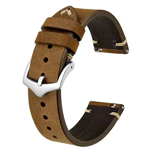 Produktbild: BISONSTRAP Uhrenarmband für Herren, Handgefertigte Stiche Leder Armband, Schnellverschluss, 20mm, Sattelbraun mit Silberner Schnalle