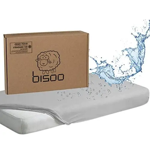 Produktbild: Bisoo 37x80 / 40x80 cm - wasserdichte Spannbettlaken - 2in1 Wasserfester Matratzenschoner Spannbettlaken - Baumwolljersey Zertifikat Oeko-Tex für Kinderwagen Stubenwagen Beistellbett (Grau)