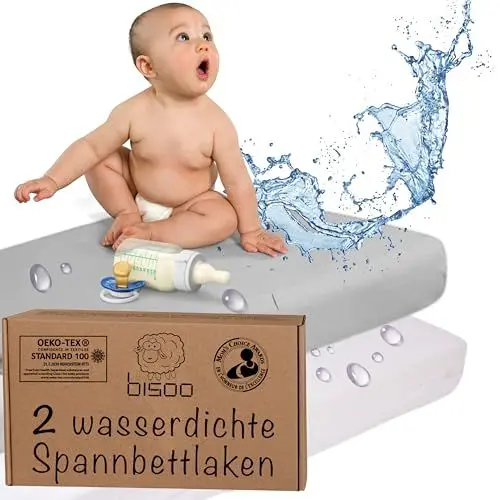 Produktbild: Bisoo Spannbettlaken 75x100 cm für Lauf, Krabbelgitter und Reisebett - wasserdichte Leintuch Matratzenschoner für Laufgitter Baby - 100% Baumwolljersey Öko-Tex - 2 Stück Set Weiß + Grau 100x75