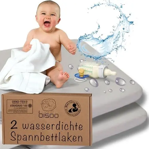 Produktbild: Bisoo Spannbettlaken 90x40 für Kinderwagen Beistellbett Babywiege - 2in1 Matratzenschoner 40x90 Baby Wasserdicht Spannbettlaken 100% Baumwolljersey Öko-Tex Zertifiziert - 2 Stück Set Grau