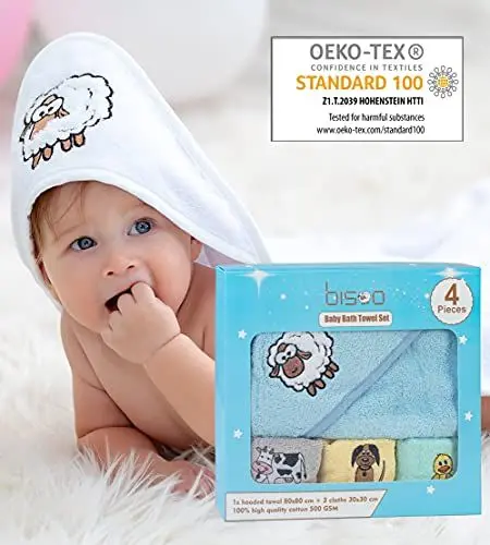 Produktbild: bisoo Kapuzenhandtuch Baby - Baby Handtuch mit Kapuze 80x80 cm + 3 Handtücher 30x30 cm - Baby Badetuch Set für Neugeborene - 100% Türkische Baumwolle Oeko-Tex Zertifikat (Blau)