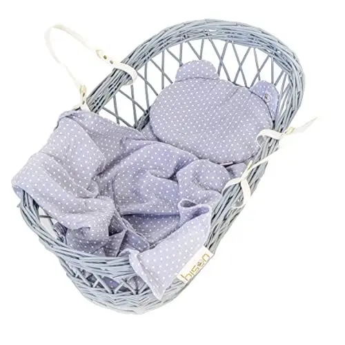 Produktbild: bisoo Musselin Decke Baby 80x100 cm + Kissen - Set Musselin Tuch Baby Bettwäsche für Neugeborene für Kinderwagen, Stubenwagen, Kinderbett - 4-lagig - Polka Dot Print Baby Blue