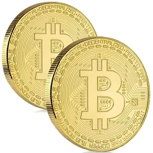Produktbild: Bitcoin Münze - 2X Bitcoin Münzen mit hauchdünnem 24-Karat Echtgold-Überzug - BTC Crypto Coins - Ideal zum Verschenken (2X Bitcoins)
