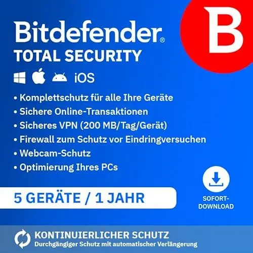 Produktbild: Bitdefender Total Security 2025 | 5 Geräte | 1 Jahr | PC/Mac/iOS/Android | Code zur Aktivierung per E-Mail | Automatische Verlängerung