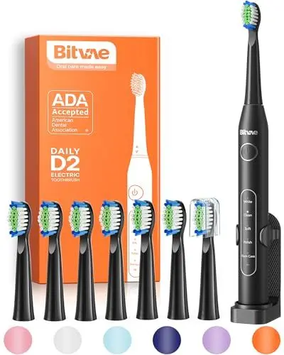 Produktbild: Bitvae D2 Elektrische Zahnbürste für Erwachsene und Kinder, Reise-Elektrische Zahnbürste Wiederaufladbar mit 8 Zahnbürstenköpfen und 5 Modi, Intelligenter Timer, Zahnbürstenhalter, Schwarz