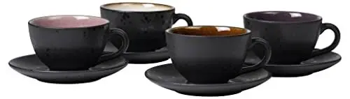 Produktbild: BITZ Tassen, Kaffeetassen mit Untertasse, Steingut, 24 cl, 4er-Set, Amber, Pink, Lila, Creme