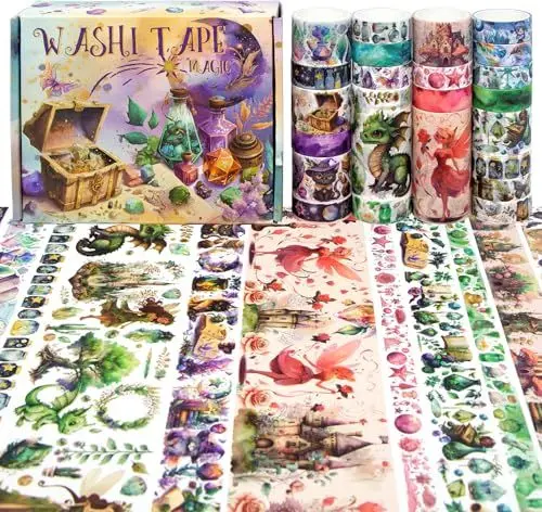 Produktbild: Biuunsf Washi Tape Set 23 Rollen, Magie & Fee Themen Scrapbook Tape für Bullet Journal Set, farbiges Masking Tape für Scrapbooking Zubehör, Junk Journaling, DIY Craft (Drachen/Katzen/Schlösser)