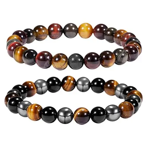 Produktbild: Bivei Perlenarmbänder für Männer, Tigerauge, schwarzer Obsidian, Hämatit, dreifacher Schutz, Feng-Shui-Chakra-Kristall, 8 mm, Armband aus natürlichen Halbedelsteinperlen, 7,5 Zoll, 2er-Set