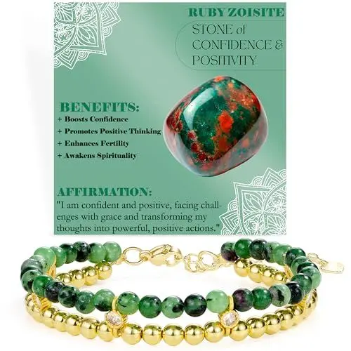 Produktbild: Bivei Perlenarmband für Frauen Chakra Steine Heilung Kristall natürlichen Edelstein 14K Gold plattiert Bead Ball Armbänder（Positivität von Rubin Zoisit）