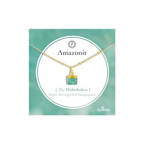 Produktbild: Bixorp Amazonit Chakra Halskette – Handgefertigter Amazonit Anhänger – Vergoldete Edelstahlkette auf Geschenkkarte mit Geschenkumschlag – (36 cm + 8 cm verstellbar)