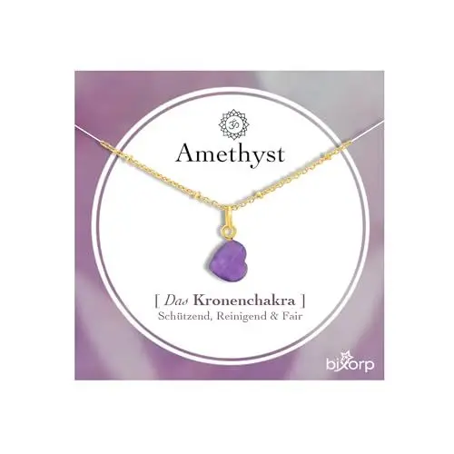 Produktbild: Bixorp Amethyst Herz Halskette - Das Kronenchakra - Edelstein Chakra Anhänger Geschenk - Vergoldeter Edelstahlkette