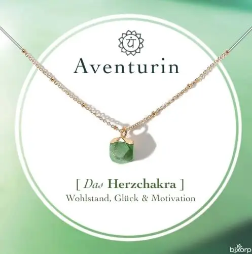 Produktbild: Bixorp Aventurin Chakra Halskette – Handgefertigter Aventurin Anhänger – Vergoldete Edelstahlkette auf Geschenkkarte mit Geschenkumschlag – (36 cm + 8 cm verstellbar)