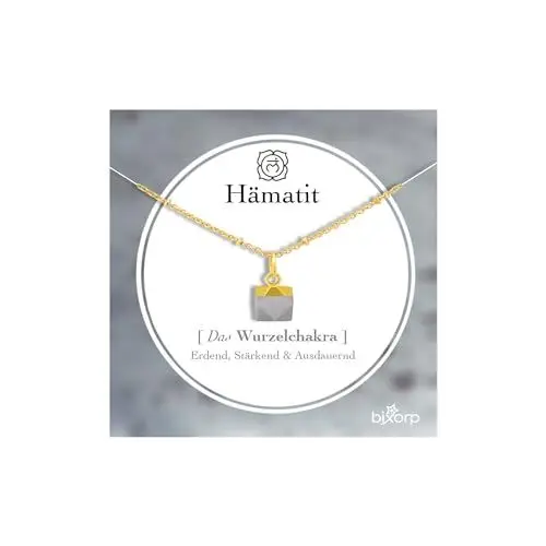 Produktbild: Bixorp Hämatit Chakra Halskette – Handgefertigter Hämatit Anhänger – Vergoldete Edelstahlkette auf Geschenkkarte mit Geschenkumschlag – (36 cm + 8 cm verstellbar)