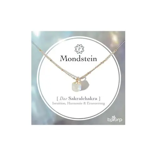Produktbild: Bixorp Mondstein Chakra Halskette – Handgefertigter Mondstein Anhänger – Vergoldete Edelstahlkette auf Geschenkkarte mit Geschenkumschlag – (36 cm + 8 cm verstellbar)