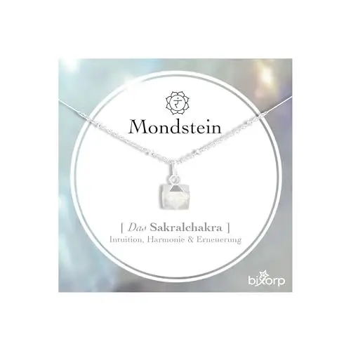 Produktbild: Bixorp Mondstein Halskette - Das Sakralchakra - Edelstein Chakra Anhänger Geschenk - 925 Silberne Halskette