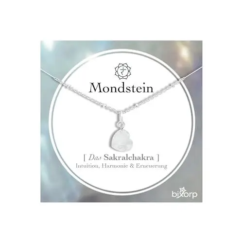 Produktbild: Bixorp Mondstein Herz Halskette - Das Sakralchakra - Edelstein Chakra Anhänger Geschenk - 925 Silberne Halskette