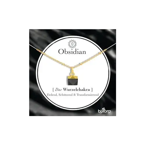 Produktbild: Bixorp Obsidian Chakra Halskette – Handgefertigter Obsidian Anhänger – Vergoldete Edelstahlkette auf Geschenkkarte mit Geschenkumschlag – (36 cm + 8 cm verstellbar)