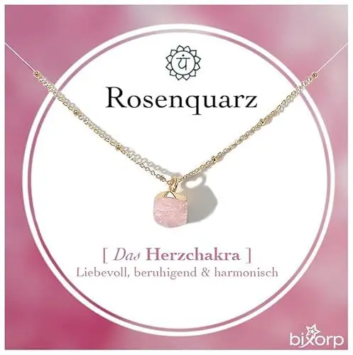 Produktbild: Bixorp Rosenquarz Chakra Halskette – Handgefertigter Rosenquarz Anhänger – Vergoldete Edelstahlkette auf Geschenkkarte mit Geschenkumschlag – (36 cm + 8 cm verstellbar)