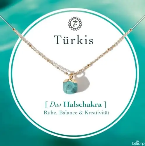Produktbild: Bixorp Türkis Chakra Halskette – Handgefertigter Türkis Anhänger – Vergoldete Edelstahlkette auf Geschenkkarte mit Geschenkumschlag – (36 cm + 8 cm verstellbar)