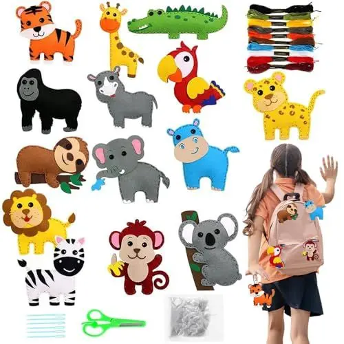 Produktbild: BIZOI DIY Nähset Kinder Tierformen, Nähen Kinder Bastelset Filz, 14 Stück Animals Sewing Kit, Tiere nähen bastelset, Filz Waldtiere bastelset, Tierformen filz nähen kinder ab 6 Jahre