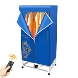 Produktbild: BJTDLLX Elektrischer Wäschetrockner Tragbarer Kleiderschrank Trockenmaschine, 1500W Klappbarer Trockner mit Fernbedienung und Räder, 3 Gänge Elektrischer Wäscheständer
