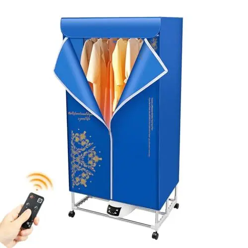 Produktbild: BJTDLLX Elektrischer Wäschetrockner Tragbarer Kleiderschrank Trockenmaschine, 1500W Klappbarer Trockner mit Fernbedienung und Räder, 3 Gänge Elektrischer Wäscheständer
