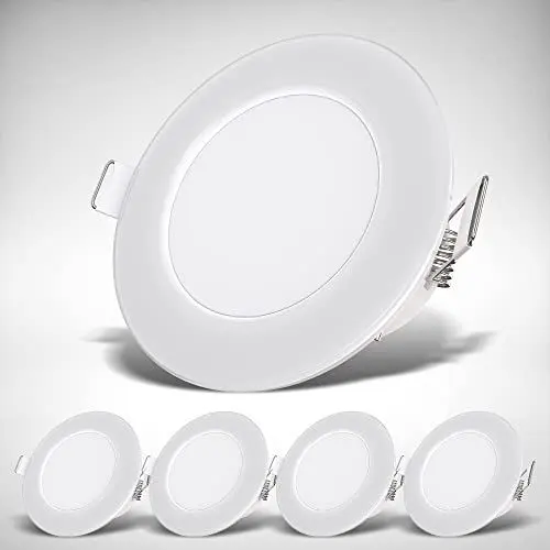 Produktbild: B.K.Licht - 5er Set LED Bad Einbaustrahler 230V flach, IP65, neutralweiße Lichtfarbe, Lochmass 68mm, LED Spot, Deckenspots, Spots, Einbauleuchten, Einbauspots, Badezimmer, 86x30 mm, Weiß