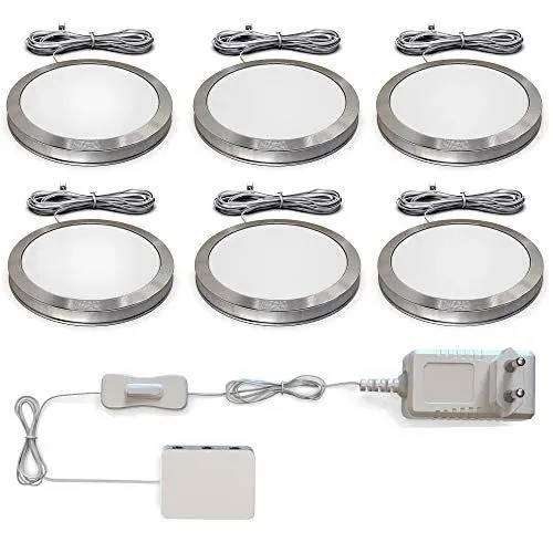 Produktbild: B.K.Licht - 6er Set Unterbauleuchte mit Kabelschalter, warmweiße Lichtfarbe, je 1,8W, Unterbauleuchte Küche, LED Lichtleiste Küche, Schrankbeleuchtung, Küchenlampe, 59x9,5 mm, Aluminiumfarbig