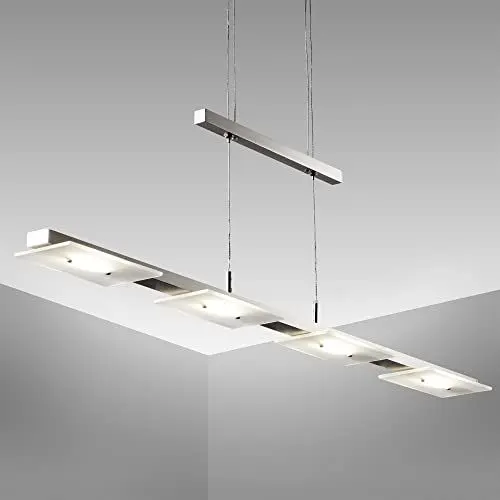 Produktbild: B.K.Licht - LED Pendelleuchte stufenlos höhenverstellbar, warmweiße Lichtfarbe, 4 LED Platinen, Hängeleuchte, Hängelampe Esstisch, Esszimmerlampe hängend, Wohnzimmerlampe, 85,4x8x120 cm, Matt-Nickel