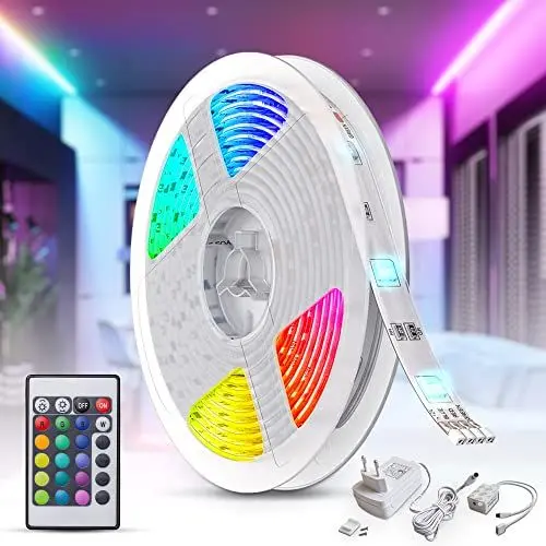 Produktbild: B.K.Licht - LED Strip 5m mit Fernbedienung, buntes RGB Licht, dimmbar, Farbwechsel, LED Streifen, Leiste, Zimmer deko, Gaming Deko, Band, Lichtleiste, Lichtband, 500 x 1 x 3 cm, Weiß