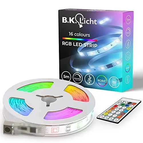 Produktbild: B.K.Licht - USB LED Strip 5m mit Musiksensor, Fernbedienung, RGB IC dynamischer Farbwechsel, LED Streifen, Leiste, Zimmer deko, Gaming Deko, Band, Lichtleiste, 500x0,8x0,3 cm, Weiß