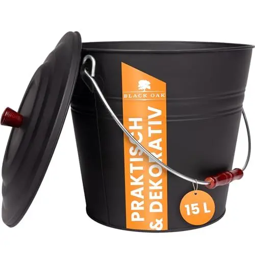 Produktbild: BLACK OAK Ascheeimer KATLA 15L – schwarz Deckel mit Holzknopf - groß 15 Liter - Stahl feuerfest verzinkt & pulverbeschichtet Asche & Kohle Eimer ideales Zubehör für Kamin Kachelofen Holzofen