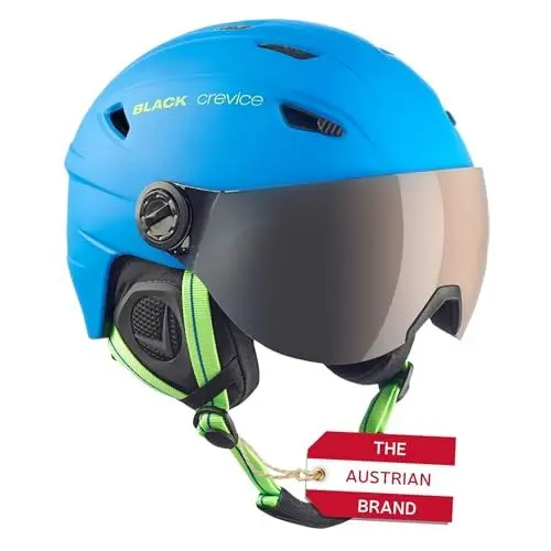 Produktbild: Black Crevice Skihelm Silvretta I Skihelm mit Visier im Pilotenstyle I Skihelm Herren & Damen I Skihelm aus Polycarbonat I Atmungsaktiver Ski-Helm I Größenverstellbar (Blau/Grün, S)